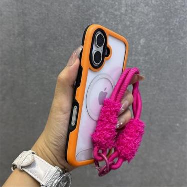 Imagem de Capa com alça de pulso magnética e carregador sem fio Candy Color Frame para iPhone 16, 13, 14, 15 Pro Max Plus, capa rígida transparente, laranja, para iPhone 16