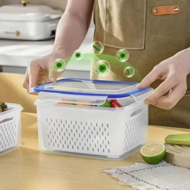 Imagem de 1 recipiente de armazenamento de frutas para geladeira, recipientes de produção para geladeira com escorredor removível, tigela de lavagem de frutas multifuncional para guardar salada e alface (azul)