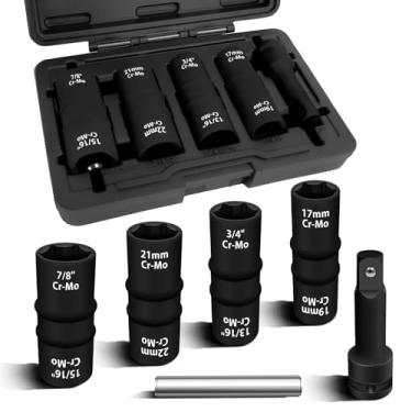 Imagem de Conjunto de 6 peças de soquete de impacto de porca de acionamento de 1/5.1 cm, design métrico de soquete flip 20 cm 17 19 21 22 mm e SAE 3/4 13/16 7/8 15/40.6 cm soquetes de porca de parede fina de