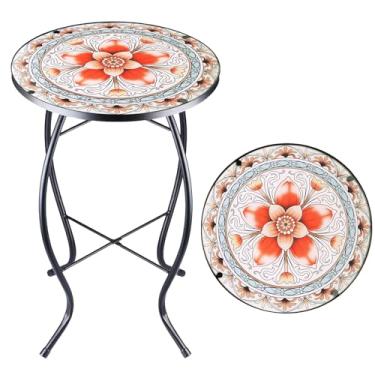 Imagem de Arbuxzuy Mesa lateral pequena de 30,5 cm com flor rosa, mesa de pátio de mosaico de vidro interna, mesa de centro redonda para sala de estar, varanda, jardim