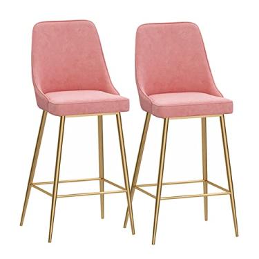 Imagem de Bancos de bar de metal, conjunto de 2 bancos altos de cozinha, cadeiras de veludo para café da manhã com encostos e pernas de metal dourado para bistrô, café, pub