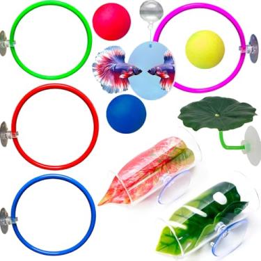 Imagem de 11 peças de brinquedos de enriquecimento de peixe Betta, conjunto de decoração de tanque, anéis de alimentação, alimentador, brinquedos de peixe, bolas espelhadas, ponto de descanso para acessórios de