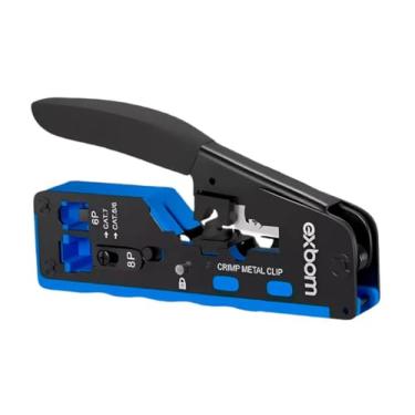 Imagem de Alicate de Crimpar Profissional Multifuncional EXBOM FRM-ACN702 EZ Crimp Conectores RJ45/RJ12/RJ11 de 4, 6 ou 8 vias, Antiderrapante, Cat7/Cat6e/Cat5e - Preto/Azul