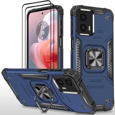 Imagem de HONG-AMY Capa para Moto G Power 5G 2024 com 2 peças de protetor de tela de vidro temperado, grau militar duplo à prova de choque com suporte - azul