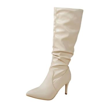 Imagem de Botas femininas modernas e casuais, versáteis, descoladas e estilosas de inverno com sola plana e cano alto, Bege, 38