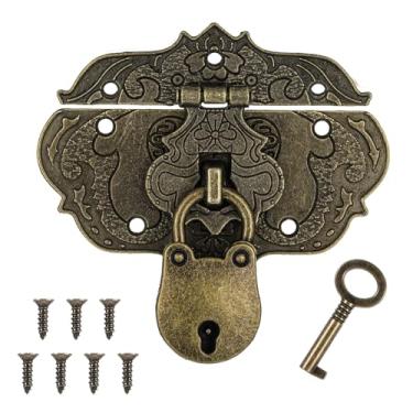 Imagem de Dobradiças e travas de caixa de joias com chave e parafusos de montagem, trava de ferrolho decorativa gravada antiga bronze pequenas dobradiças antigas em relevo para projetos de móveis artesanais