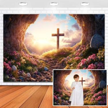 Imagem de Leowefowa Fundo vazio da Tumba de Jesus 3 x 2,4 m Vinil Ressurreição de Jesus Crucificação Caverna Pôr do Sol Fotografia Fundo Primavera Páscoa Floral Igreja Religiosa Cristã Decorações para Eventos