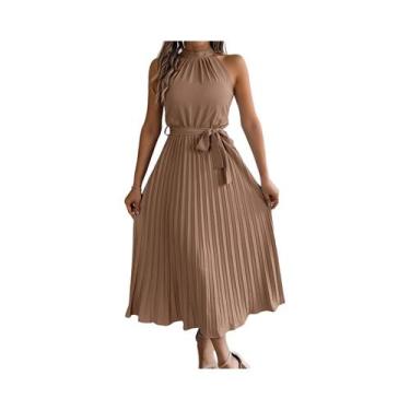 Imagem de Vestido Midi Sem Mangas Com Decote Halter Plissado Para Mulheres, Vest