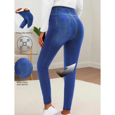 Imagem de Leggings Femininas De Alta Elasticidade Imitando Jeans Com Bolsos Fals