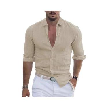 Imagem de Camisa De Manga Longa Masculina Em Algodão E Linho Com Gola Polo Estil