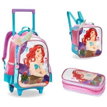 Imagem de Kit Mochila Rodinhas Lancheira Estojo Duplo Escolar Menina Infantil Ariel Sereia Denlex-Feminino