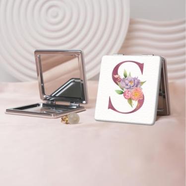 Imagem de Espelho de maquiagem portátil Flower Alphabet Series, mini espelho portátil dobrável, espelho de contorno quadrado portátil de dupla face, adequado para todos em qualquer ocasião