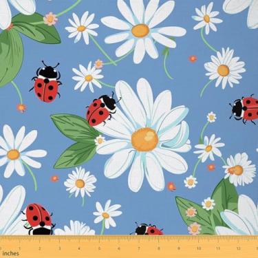 Imagem de Tecido de margarida branca por jarda, tecido de estofamento fofo de joaninha de desenho animado, flores rústicas, pano decorativo para estofamento, azul branco vermelho artesanato e suprimentos de