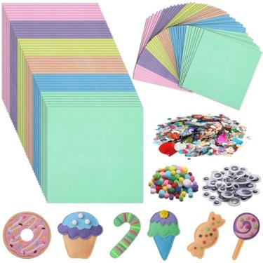 Imagem de gisgfim 42 folhas de tecido de feltro pastel 30,5 x 30,5 cm rosa azul roxo sortido pacote de feltro grosso macio com olhos agitados pompons glitter patchwork artesanato suprimentos para decoração de