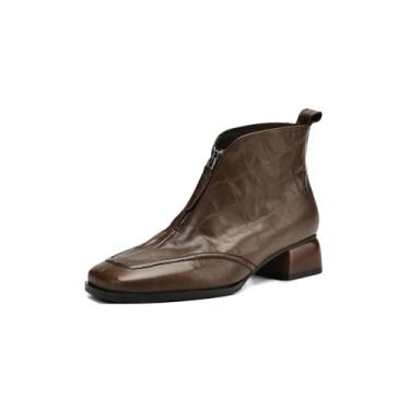 Imagem de TinaCus Bota feminina de bico quadrado, feita à mão, com zíper, salto baixo, grosso, couro legítimo, casual, cano curto, Marrom, 36