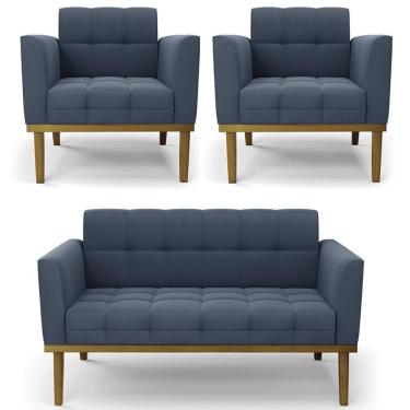 Imagem de Sofá Namoradeira E 2 Poltronas Base Madeira Castanho Ana Suede Azul Marinho - Ibiza