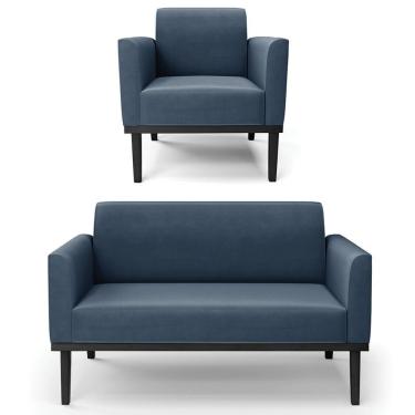 Imagem de Sofá Namoradeira E 1 Poltrona Base Madeira Preto Maressa Suede Azul Marinho - Ibiza