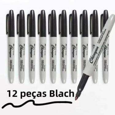 Imagem de 12 unidades de canetas marcadoras permanentes pretas, ponta fina, à pr