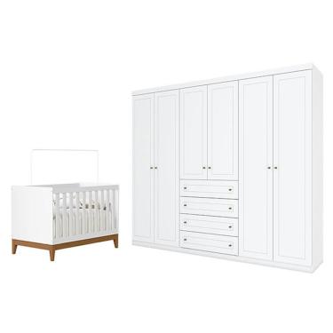 Imagem de Berço Americano Flip Branco Acetinado Reller E Guarda Roupa Casal Americano 6 Portas Branco Hp