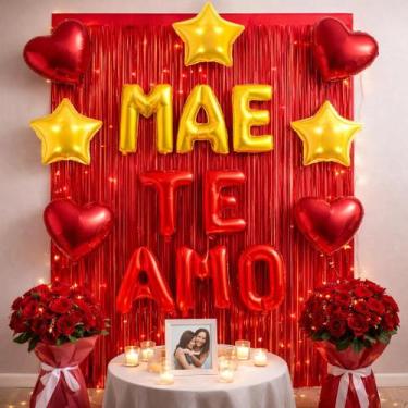 Imagem de Kit Decoração Dia das Mães, c/ cortinas, palavras mãe,Te amo, balões c