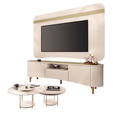 Imagem de Rack Bancada Elara E Painel Armony Off White Champanhe Com Kit Mesa De Centro Sky Off White - Hb Móveis