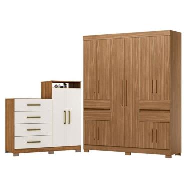 Imagem de Guarda Roupa Casal Vizanno Amêndola 10 Portas Com Cômoda Sapateira Aurea Com Pés Amêndo...