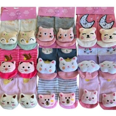 Imagem de Kit 4 Pares De Meias Infantil Bebe Pantufa Bichinho Presente Meia Rece