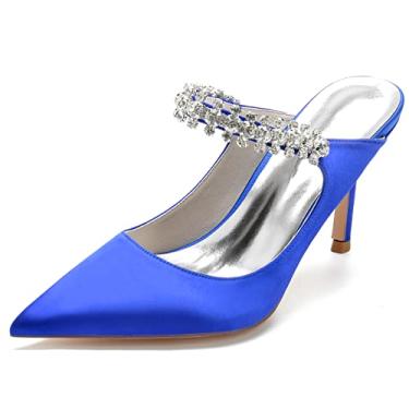 Imagem de Sapato feminino Slingback Maryjane 8,5 cm salto alto de casamento bico fino strass festa trabalho nó de formatura, Azul, 9.5
