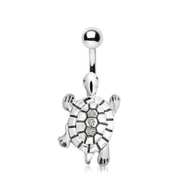 Imagem de Pierced Coruja Gemmed Turtle Belly anel de botão em aço inoxidável 316L com detalhes de cristal CZ