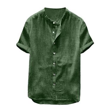 Imagem de Blusa masculina colorida com manga, retrô, de linho, algodão, larga, cor lisa, camisa social (verde, G), Verde, G
