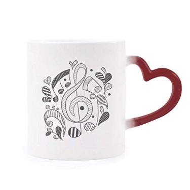 Imagem de Caneca de grés com listras horizontais, nota musical, rosa sensível ao calor, mudança de cor vermelha