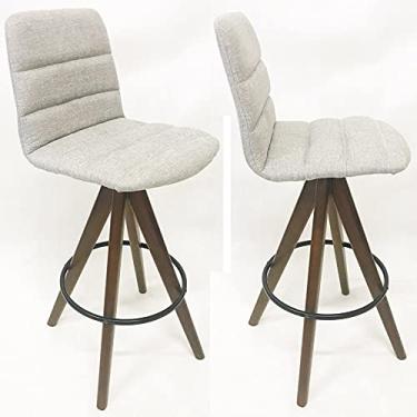 Imagem de Kit 2 Banquetas Decorativa Helena Gomada Tecido Linho Cinza Claro Base Giratória Madeira - Poltronas do Sul