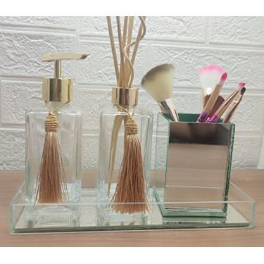 Imagem de Kit Para Lavabo e Banheiro Difusor Porta Sabonete Líquido Porta Escova e Pincel Bandeja Decorativa-Dispenser Organizadores e Decoração Para Banheiro-Cristal e Espelhado