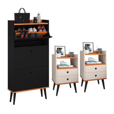 Imagem de Kit Sapateira Vertical 3 Gavetas Basculantes Dark Preto/Cinamomo e 2 Mesinhas Canto Quarto Nicho Decorativo Dream Off White /Cinamomo RPM