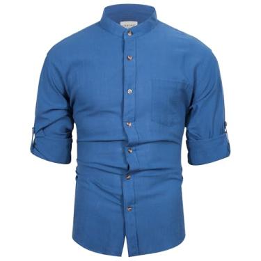 Imagem de fohemr Camisa masculina casual de linho, gola canelada, abotoada, manga comprida, lisa, algodão, elegante, camisa de praia com bolso, 05 azul, GG