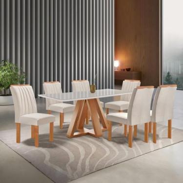 Imagem de Conjunto Mesa Tampo Smart Plus Vidro Kyra 170cmx90cm 6 cadeiras Arizona Cinamomo/off White/suede Bege