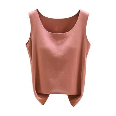 Imagem de Camiseta regata com sutiã embutido com forro de lã térmica feminina, skinny, cor sólida, leve, camiseta, Rosa choque, XXG