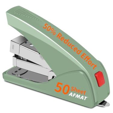 Imagem de AFMAT Grampeador sem esforço para mesa, capacidade para 50 folhas, baixa força, removedor de grampos embutido, grampeador de mesa com um dedo, grampeador portátil e economiza espaço, bom para casa e