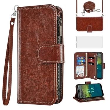 Imagem de Asuwish Capa de celular para Nokia C110 carteira com protetor de tela de vidro temperado alça transversal flip zíper suporte para cartão de crédito celular slot suporte C 110 4G N156DL mulheres