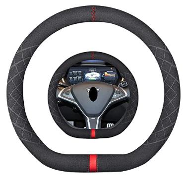 Imagem de K LAKEY Capa de volante de camurça 35,5 cm em forma de D, compatível com Tesla Model S Model Y Model X Alcantara couro esportivo antiderrapante capa de roda inferior plana acessórios interiores de