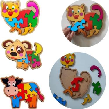 Imagem de Quebra Cabeça Educativo Combo Brinquedo Madeira Infantil Pedagógico Peças Animais Bicho Cachorro Vaca Gato em MDF