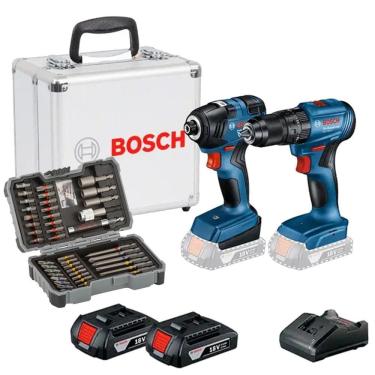 Imagem de Parafusadeira Impacto + Chave Impacto Baterias Carregador e Kit de pontas BOSCH