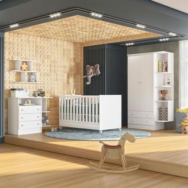 Imagem de Kit Berço Mini Cama Taís, Guarda Roupa Infantil 2 Portas 2 Gavetas com Nicho e Cômoda Infantil 3 Gavetas com Nicho Brilhar Q01 Branco - Amarena Móveis