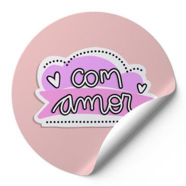 Imagem de 120 Etiquetas Auto Colante Adesivos Redondos Com Amor Fundo Rosa AD318