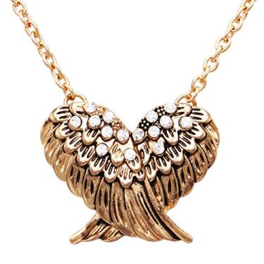 Imagem de Rosemarie Collections Colar feminino vintage com pingente de asas de anjo enfeitado com strass dourado polido dourado polido, extensão de 40,6 cm + 7,6 cm, Metal