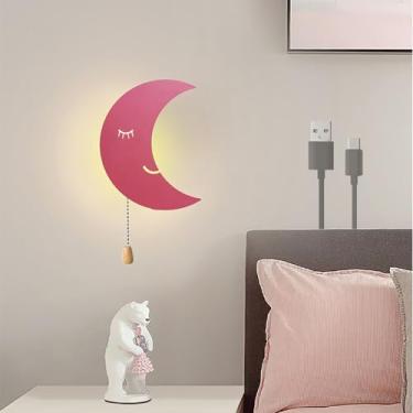Imagem de Luminária de parede lunar operada por bateria, luz noturna para quarto infantil, luzes de parede LED com interruptor de cordão, iluminação de parede acrílica, luminárias modernas de cabeceir