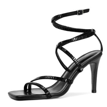 Imagem de FRJR Salto alto feminino gladiador com tiras sexy bico quadrado salto aberto salto salto elegante sandálias de strass, Preto, 40