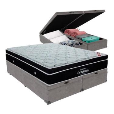 Imagem de Cama Box Baú King Cinza + Colchão Elegant Molas Ensacadas Ortobom