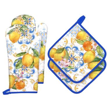 Imagem de Arquiel Conjuntos de luvas de forno de limão e suportes de panela de verão, 4 peças, 100% algodão, resistentes ao calor, luvas de forno extralongas para cozinha, cozinha, decoração de panificação
