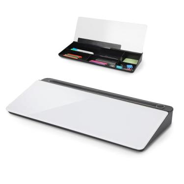 Imagem de SHANTRA Quadro branco de mesa de 40 x 18 cm, quadro apagável a seco com organizador, pad de computador e suporte de teclado, quadro branco pequeno para casa, escola, escritório, acessórios de mesa e